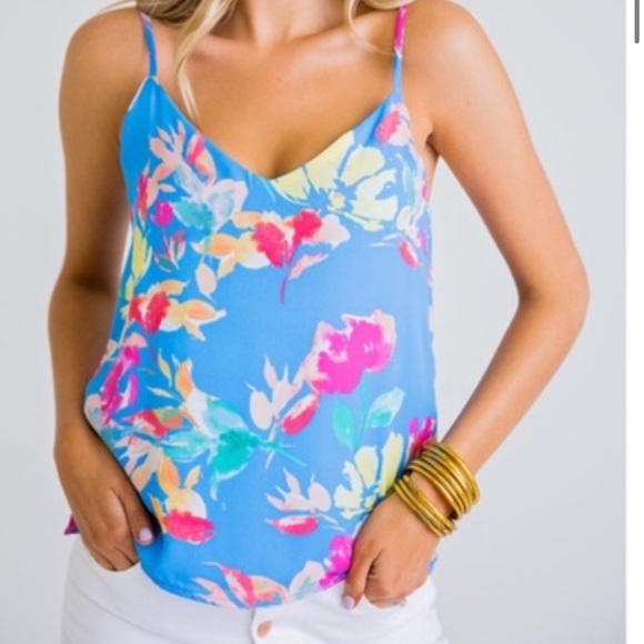 Karlie Tops - Karlie Tropical Floral Tank Top, Large, Blue, Hot Pink, Orange, NWT